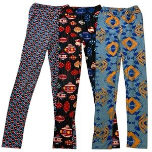 LuLaRoe Girls Leggings Bundle Lot of 3 Blue Black Red Patterns Size L/XL